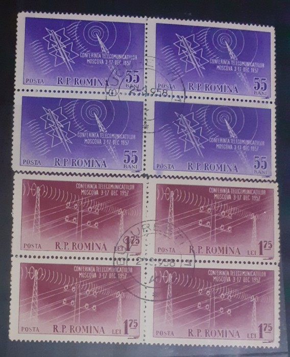 Romania 1958 LP 451 blocuri de 4 telecomunicatii Moscova stampilat