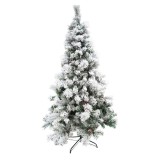 Brad artificial decorat cu conuri pin nins de craciun 2.1m, interior/exterior, diametru 131 cm, 630 ramuri, suport metalic inclus, alb/verde, Oem