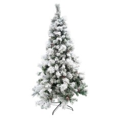 Brad artificial decorat cu conuri pin nins de craciun 2.1m, interior/exterior, diametru 131 cm, 630 ramuri, suport metalic inclus, alb/verde