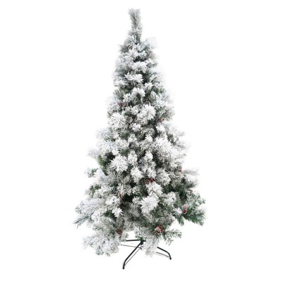Brad artificial decorat cu conuri pin nins de craciun 2.1m, interior/exterior, diametru 131 cm, 630 ramuri, suport metalic inclus, alb/verde foto