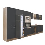 Bucătărie modulară Leziter Yorki 420, 420cm, Stejar Sonoma, Corp Placa Laminata, Blat HPL, Include Frigider