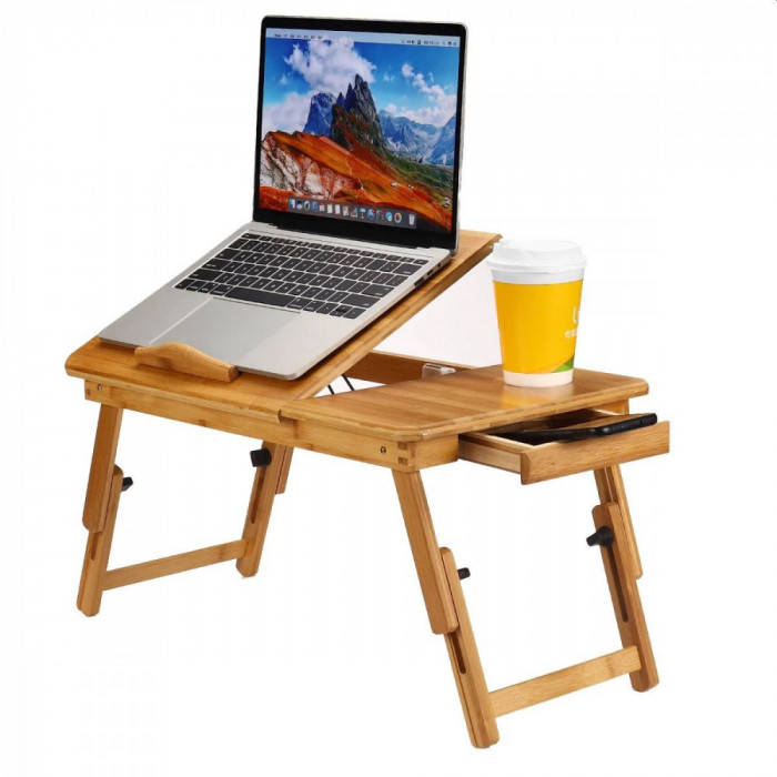 Masuta Laptop Pliabila suport pahar sertar lemn de Bambus 50x30 cm