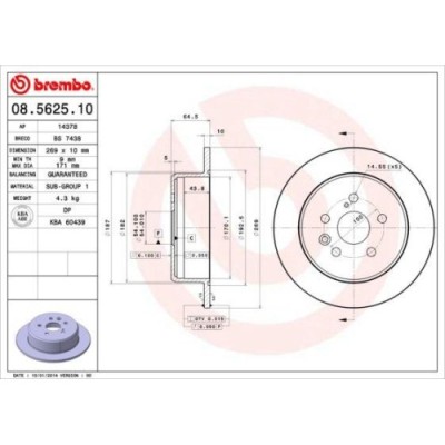 Set discuri frana Lexus: ES (Vcv10); Toyota: Camry (V2), Carina 5 (T17), Celica (T20)., punte spate, 269x10, plin, BREMBO foto