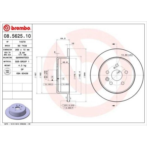 Set discuri frana Lexus: ES (Vcv10); Toyota: Camry (V2), Carina 5 (T17), Celica (T20)., punte spate, 269x10, plin, BREMBO