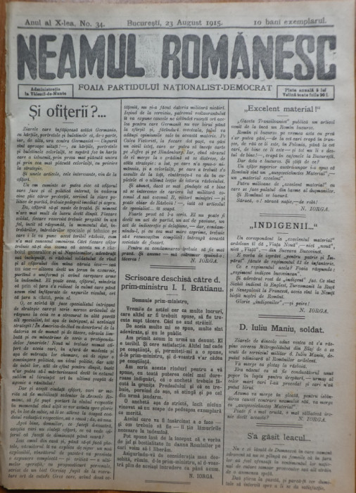 Ziarul Neamul romanesc , nr. 34 , 1915 , din perioada antisemita a lui N. Iorga