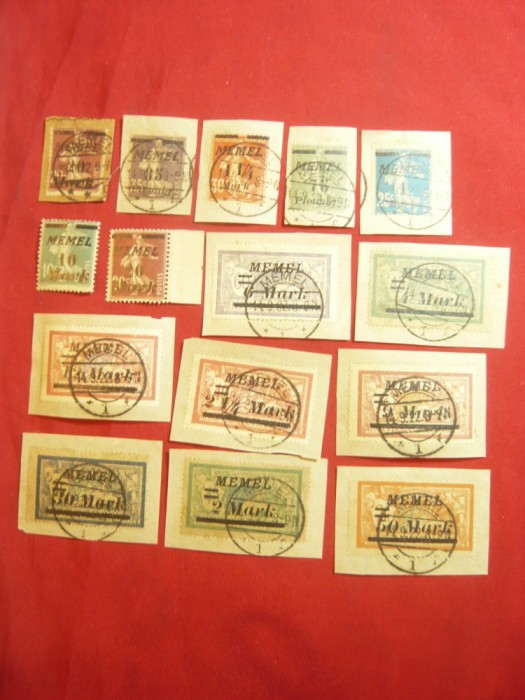 Serie mica Memel 15 val stampilate 1922 supratipar scris cursiv pe fragment