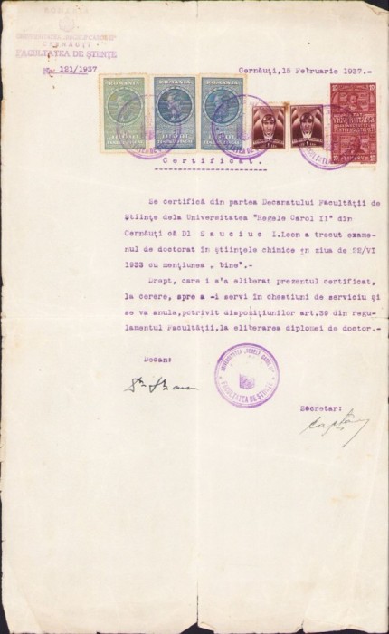 A527 Certificat doctorat Leon Sauciuc, 1937, Cernăuți