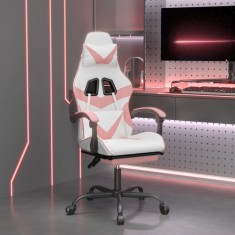 vidaXL Scaun de gaming cu suport picioare, alb/roz, piele ecologică