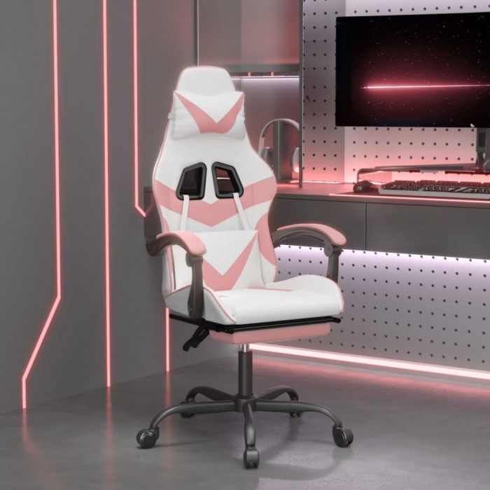 vidaXL Scaun de gaming pivotant cu suport picioare alb&amp;roz piele eco