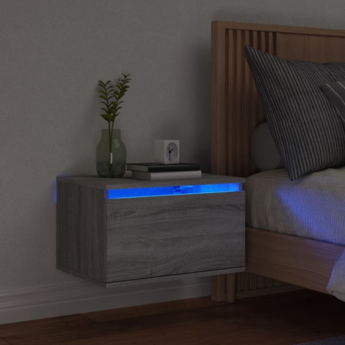 vidaXL Noptieră montată pe perete cu lumini LED, sonoma gri