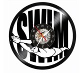 Ceas de perete din disc vinil, Tematică &Icirc;not / Swimming, Design Sportiv cu &Icirc;notător și Valuri, Negru, 30 cm