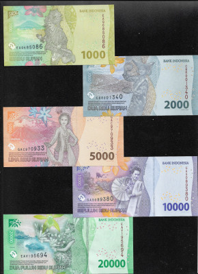 Set Indonezia 1000 + 2000 + 5000 + 10000 + 20000 rupiah rupii 2022 unc foto
