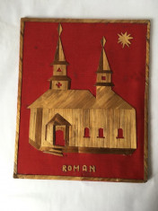 Tablou din paie de orz, biserica orasul Roman, 31x25,5 cm, vechi, vintage foto