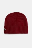 Lacoste căciulă de l&acirc;nă culoarea bordo, de l&acirc;nă, din țesătură uni, RB0001