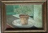 Tablou / lucrare, acrilic pe carton , 19x14 / 15x10, cu rama, semnatura indescifrabila pe verso / pervaz, ghiveci, interior, natura statica, Flori, Realism