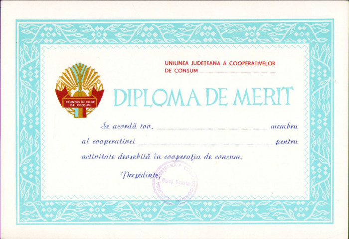 HST A436 Diplomă de merit Cooperativa de Consum Rom&acirc;nia comunistă
