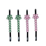 Cumpara ieftin Set 4 clame par verde deschis si roz 5 x 1 cm cu pietre artificiale, 2 verzi si 2 roz, model floral, accesorii pentru suvite, coc si coafuri