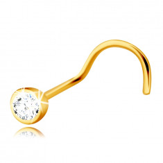 Piercing pentru nas din aur de 14K cu capăt curbat - zircon transparent &icirc;ntr-o montură rotundă, 2 mm