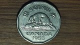 Canada - moneda de colectie dodecagonala - 5 cents 1955 - Elisabeta II - primul an de batere, mai raruta
