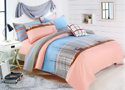 Lenjerie de pat matrimonial cu husa elastic pat si fata perna dreptunghiulara, Acuarela, bumbac mercerizat, multicolor foto