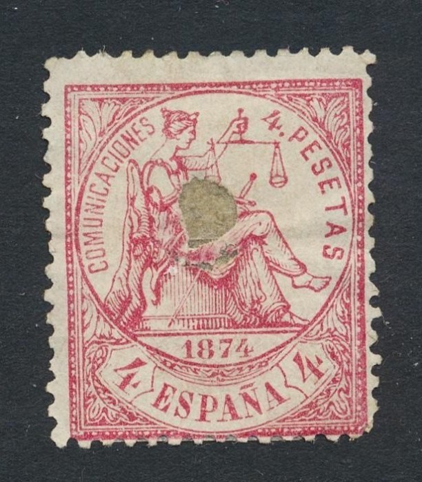Spain 1874 Hispania 4 Peseta Mi.143 PUNCH HOLE used telegraphic cancels AM.432