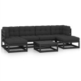 Set mobilier gradina cu perne, 7 piese, negru, lemn masiv pin