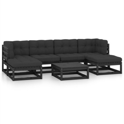 Set mobilier gradina cu perne, 7 piese, negru, lemn masiv pin foto