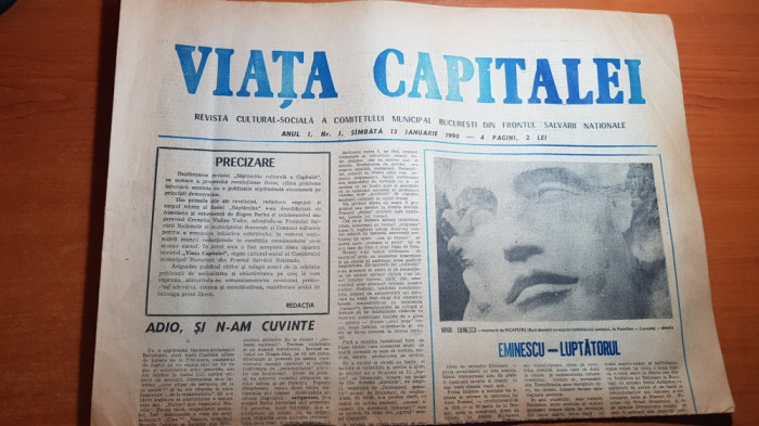 ziarul viata capitalei 13 ianuarie 1990-anul 1,nr.1-art. despre mihai eminescu
