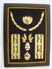 PANOU CU SET INSIGNE, EPOLETI, PETLITE, COIFURA COLONEL TANCURI,1980, IM 1.149