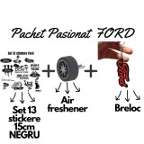 Set Cadou Pasionati Ford , 13 Stickere Personalizate, Breloc 3D si Air Freshener Roata 3D
