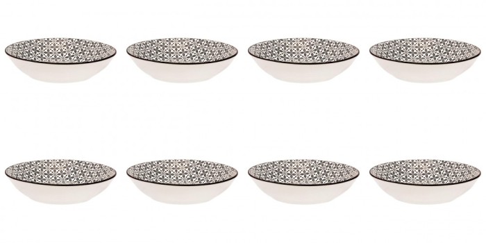 Set farfurii 8 piese din Portelan pentru Supa, Bej cu Model Negru, diametru 20 cm