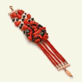 Brățară Coral Roșu, Bambus și Agat Negru, Argint 925 placat Aur Roz, Ajustabilă 19-24cm, Bijuterie Handmade Italia
