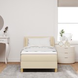 Pat cu arcuri vidaXL cu saltea crem 90x200 cm țesătură, Tăblie pat vidaXL crem cu butoni 90 cm țesătură