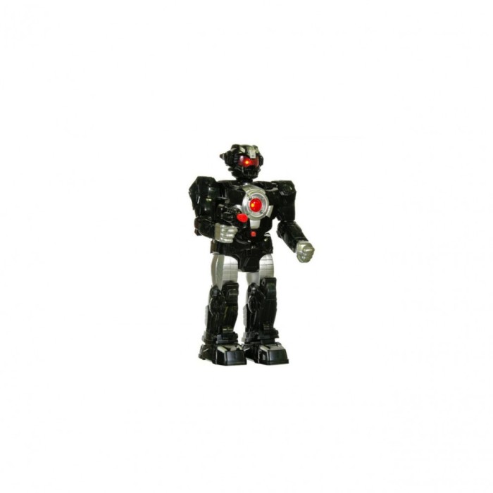 Robot de jucarie negru care merge, are lumina, sunet, mers motorizat, 20x10x38 cm