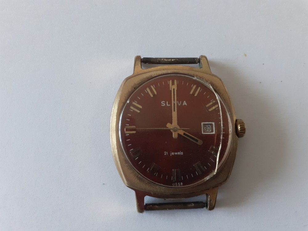 Ceas vechi barbatesc Slava, placat cu aur, 21 rubine, functional ...