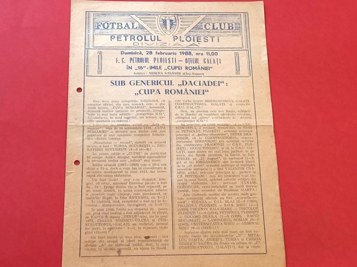 Program fotbal PETROLUL PLOIESTI-OTELUL GALATI(&quot;16&quot;-mile Cupei 28.02.1988)