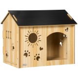 PawHut Cușcă pentru C&acirc;ini, din Lemn și Deschideri &icirc;n Formă de Lăbuță, Inimă și Os, Culcuș, Stejar | Aosom Romania