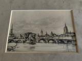 Desen si creioane colorate,Paris, Pod peste Sena, 17x11 cm, semnat indescifrabil, Natura, Tempera, Realism