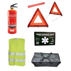 Kit siguranta auto complet omologat RAR Trusa medicala 2 Triunghiuri Stingator 1kg Vesta + cadou Geanta depozitare