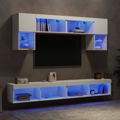 vidaXL Unități de perete TV cu LED-uri, 6 piese, alb, lemn prelucrat foto