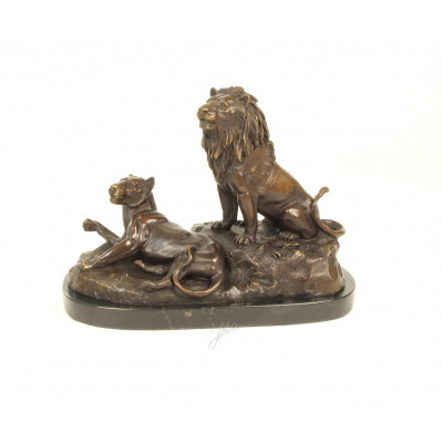 Leul si leoaica-statueta din bronz pe un soclu din marmura YY-39 foto