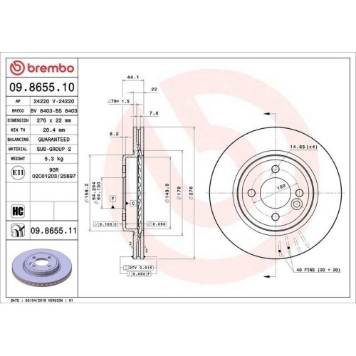Set disc frana Mini Mini (R50 R53) 06.01-09.06, Mini Cabriolet (R52) 04.04-07.08, Fata, 276X22mm, ventilat, BREMBO