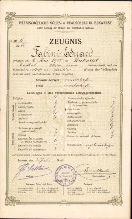 A931 Erzbisch&ouml;fliche Volks- und Realschule in Bukarest, 1914, certificat școlar