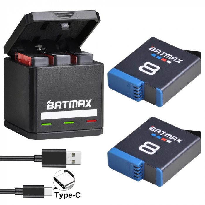 Set 2 acumulatori 1680mAh + incarcator triplu USB-C pentru camera GoPro Hero 8