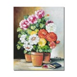 Tablouri flori pictat manual, Aranjament cu bujori si carte, 50x40cm ulei pe panza