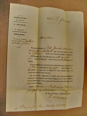 B689-Scrisoare veche 1847 Prefectura Politia Paris cu semnatura. foto