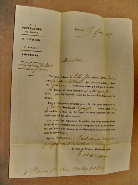 B689-Scrisoare veche 1847 Prefectura Politia Paris cu semnatura.