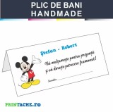 Plic Bani Handmade Mickey Mouse Botez, Carton Mat 200g/mp, 11x21 cm, Buzunar Interior, Asamblat