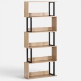Bibliotecă modernă cu rafturi &icirc;n zig-zag, cadru metalic și finisaj lemn, 70x24x169 cm, CMCLASS