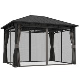 Outsunny Pavilion de grădină, pavilion metalic, impermeabil, rezistent la UV, pavilion pentru terasă cu pereți din plasă și perdele, gri &icirc;nchis | Aoso